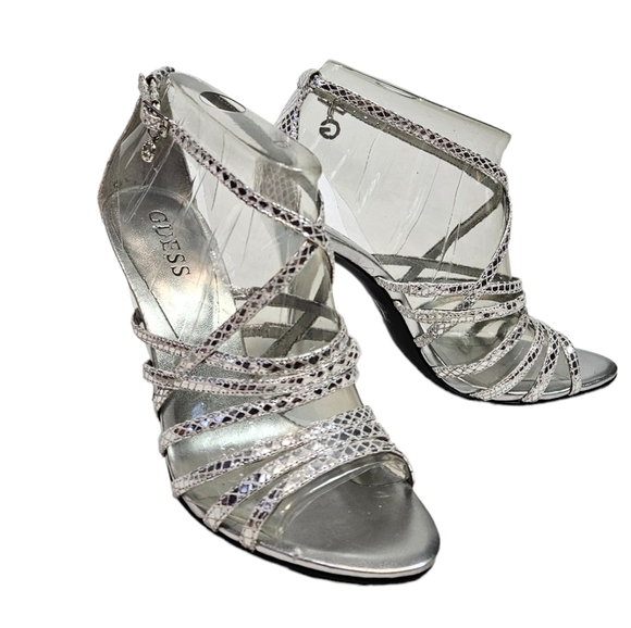 Guess Metallic Silver Leather Strappy Stiletto High Heels Size 6 Women's - Picture 3 of 13